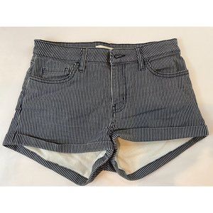 H&M Women Vertical Striped Denim Shorts Roll Cuff Hem Mid Rise Black White SZ 2